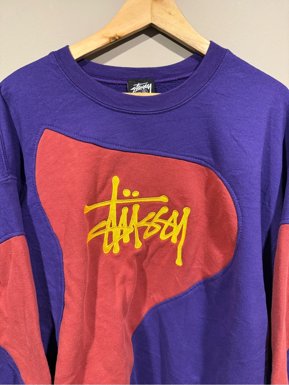 Stussy inspired Purple rework Crewneck with Red Panels and Yellow Logo - Picture 2 of 5